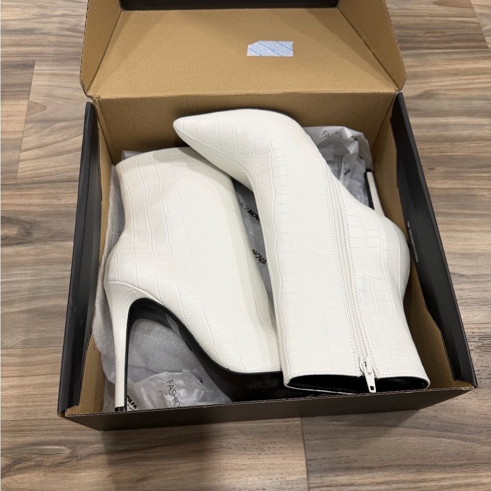 Fashion Nova White Croc-Embossed Stiletto Ankle Boots